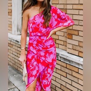 DO + BE Ruby & Fushia Floral One Shoulder Dress